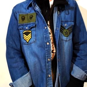 Denim Shirt Jacket Streetwear Patchwork Military Customized Universal Thread Med